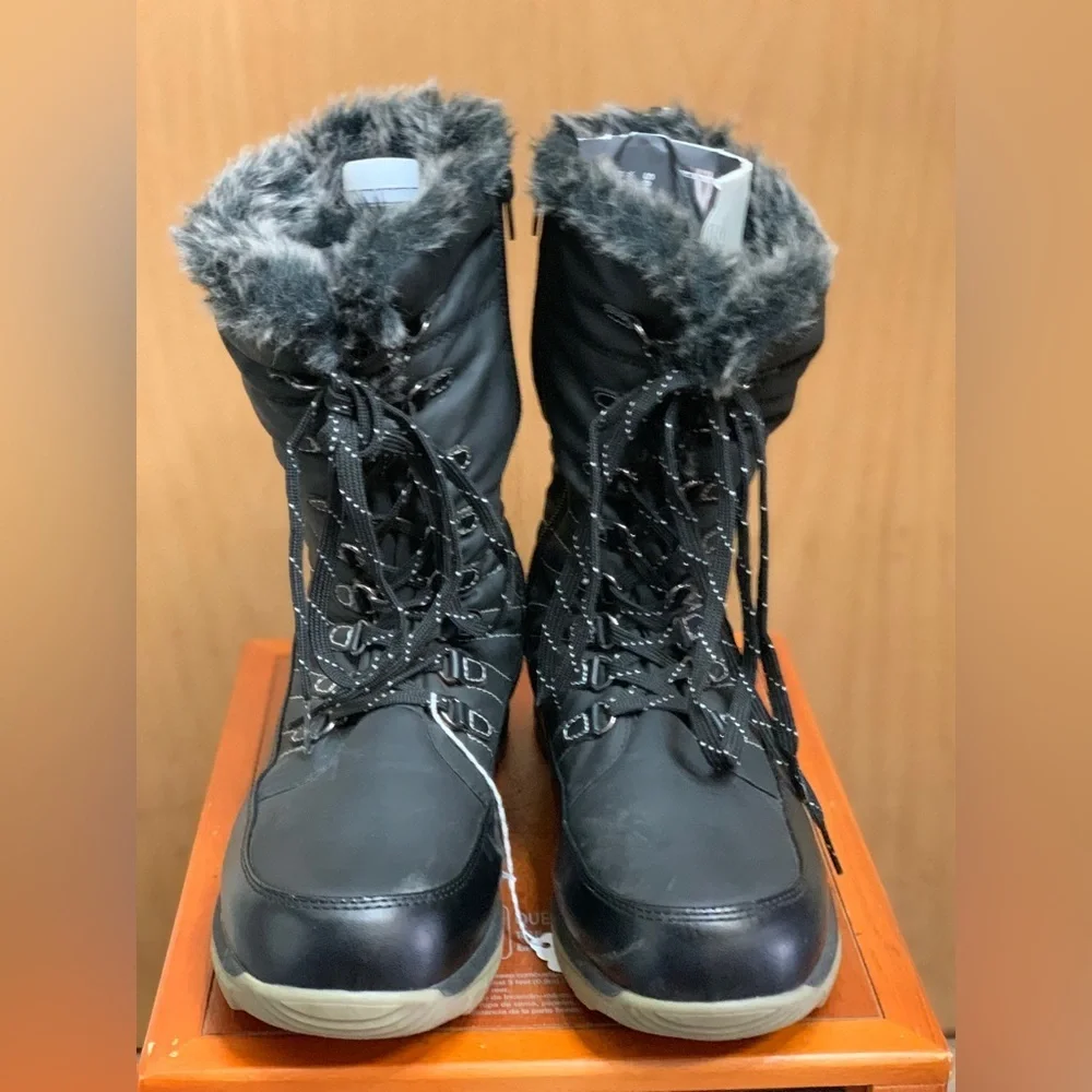Amazon Black Laced/Side Zip Mid-Calf Winter Boots with Faux Fur Lining. Size-11W